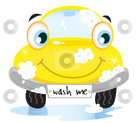 Picture Wash on Car Wash Service   Happy Yellow Automobile With Soap Bubbles