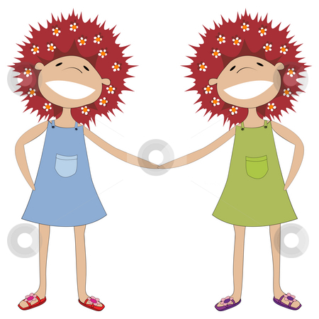 Sisters holding hands Sisters holding hands stock photo, Illustration of twin sisters holding hands by Richard Laschon