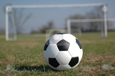 Soccer Soccer stock photo, Soccer ball on field with goal in background. by Danny Hooks