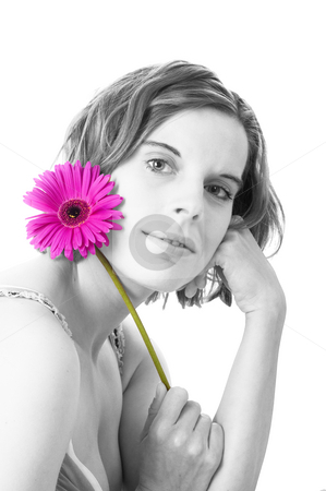 To use this stock image in your creative project, please select the size you need over to the right and click the "Add to Cart" button.
Your downloaded image will come with the Cutcaster watermark removed so don’t worry about the watermark you see on this page. Young woman with flower, color key stock photo, Young woman with pink flower (gerbera), isolated, white background, space for text by Kai Schirmer