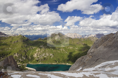 Panorama from Marmolada glacier Panorama from Marmolada glacier stock photo, Summer view of Fedaia lake and dolomites from Marmolada glacier, Trentino, Italy. Photo taken with polarizer filter by ANTONIO SCARPI