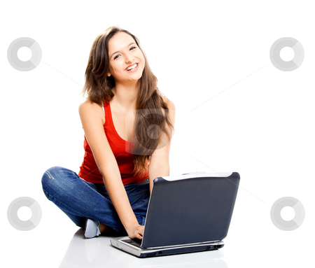 To use this stock image in your creative project, please select the size you need over to the right and click the "Add to Cart" button.
Your downloaded image will come with the Cutcaster watermark removed so don’t worry about the watermark you see on this page. Happy teenager student stock photo, Beautiful young female student with a laptop, isolated on white by ikostudio