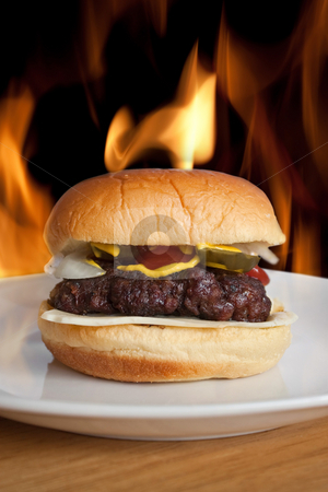 To use this stock image in your creative project, please select the size you need over to the right and click the "Add to Cart" button.
Your downloaded image will come with the Cutcaster watermark removed so don’t worry about the watermark you see on this page. Fresh Grilled Cheeseburger stock photo, A homemade cheese burger on a potato bun isolated over a background of fire and flames. by Todd Arena