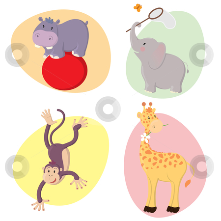 Cute Animals Cute Animals stock vector clipart, Set of cute happy vector jungle animals : hippo, elephant, monkey, giraffe. by Claudiu Badea
