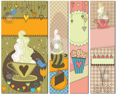 To use this stock image in your creative project, please select the size you need over to the right and click the "Add to Cart" button.
Your downloaded image will come with the Cutcaster watermark removed so don’t worry about the watermark you see on this page. Four Sweet Coffee and Dessert Banners stock vector clipart, Set of four colorful coffee and dessert banners by Linnea Eriksson