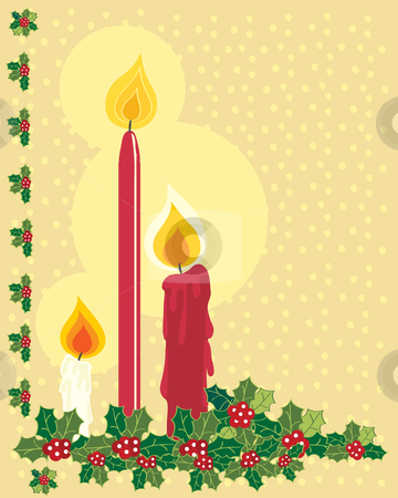 To use this stock image in your creative project, please select the size you need over to the right and click the "Add to Cart" button.
Your downloaded image will come with the Cutcaster watermark removed so don’t worry about the watermark you see on this page. Christmas candles stock vector clipart, A hand drawn illustration of red and white christmas candles with flames and holly on a gold snowy background by Mike Smith
