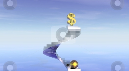 Stairs to wealth and fortune Stairs to wealth and fortune stock photo, One gold dollar at the top of stairs and one gold ball starting to climb to reach it by Elenaphotos21