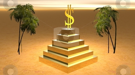 God of money God of money stock photo, Yellow dollar on a pyramid and between two revering palm trees in desert by Elenaphotos21