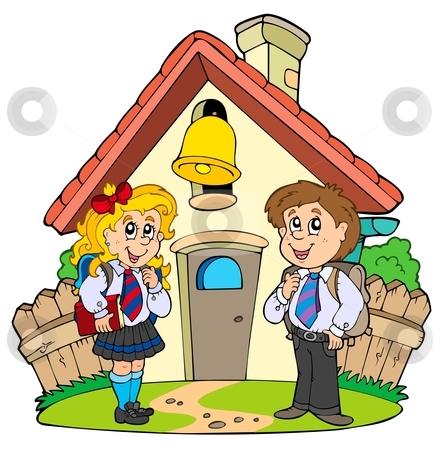 cutcaster photo 100777236 Small school with kids in uniforms