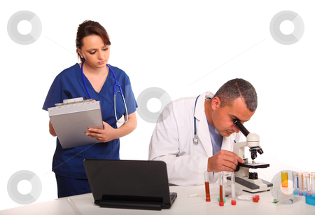 To use this stock image in your creative project, please select the size you need over to the right and click the "Add to Cart" button.
Your downloaded image will come with the Cutcaster watermark removed so don’t worry about the watermark you see on this page. Male and Female Researchers in Laboratory stock photo, Doctor and Nurse in Laboratory doing test, on sample, isolated on white by Gevorg Gevorgyan