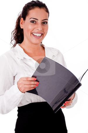 To use this stock image in your creative project, please select the size you need over to the right and click the "Add to Cart" button.
Your downloaded image will come with the Cutcaster watermark removed so don’t worry about the watermark you see on this page. Happy smiling business woman holding folder stock photo, Happy smiling business woman with the files on white isolated background by Get4net