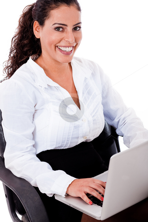 To use this stock image in your creative project, please select the size you need over to the right and click the "Add to Cart" button.
Your downloaded image will come with the Cutcaster watermark removed so don’t worry about the watermark you see on this page. Smiling business woman with laptop stock photo, Smiling business woman with laptop on a white isolated background by Get4net