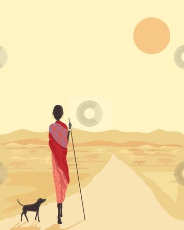 Masai with dog Masai with dog stock vector clipart, A hand drawn illustration of a masai man with his dog walking along a road in africa under the setting sun by Mike Smith