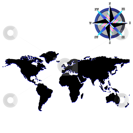 world map vector art. Black world map with wind rose