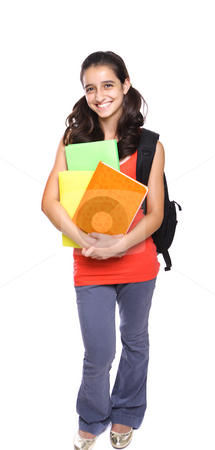 School Girl with backpack and books School Girl with backpack and books stock photo, School Girl holding books and backpack by Gevorg Gevorgyan
