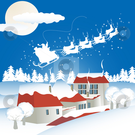 Christmas background with santa Christmas background with santa stock photo, Christmas background with santa flying over a village with gifts by Richard Laschon
