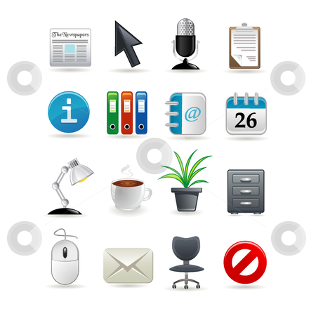 To use this stock image in your creative project, please select the size you need over to the right and click the "Add to Cart" button.
Your downloaded image will come with the Cutcaster watermark removed so don’t worry about the watermark you see on this page. Office icon set stock vector clipart, Office icon set for web. Vector illustration by Ika