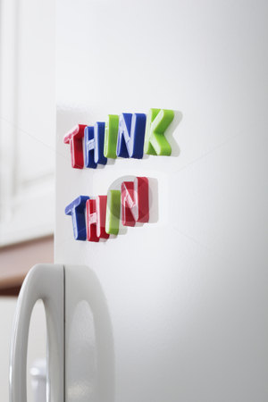 To use this stock image in your creative project, please select the size you need over to the right and click the "Add to Cart" button.
Your downloaded image will come with the Cutcaster watermark removed so don’t worry about the watermark you see on this page. Think Thin stock photo, Words THINK THIN magnets on a refrigerator door by Stocksnapper