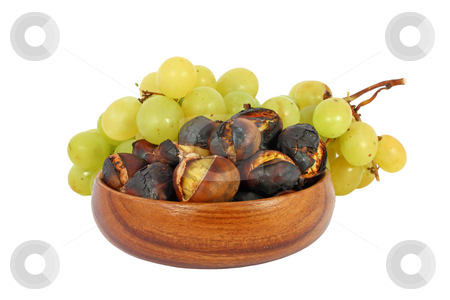 Chestnuts and grapes Chestnuts and grapes stock photo, Roasted chestnuts in a wooden bowl and grape isolated on white by Borislav Marinic