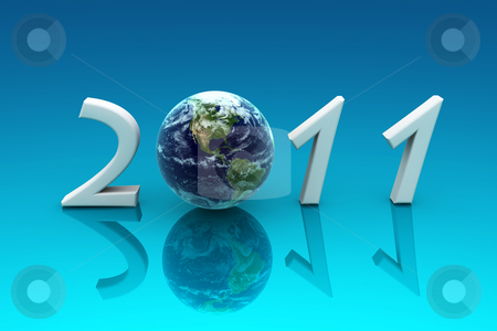 2011 Earth, reflected in a blue background 2011 Earth, reflected in a blue background stock photo, 3d render , new year postcard by Elis Baba