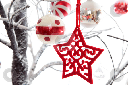 Christmas decorations Christmas decorations stock photo, Christmas decorations dangling from snow covered branches. White background by Leah-Anne Thompson