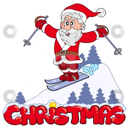 Christmas sign with skiing Santa Christmas sign with skiing Santa stock vector clipart, Christmas sign with skiing Santa - vector illustration. by Klara Viskova