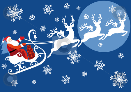 Santa with his sleigh Santa with his sleigh stock vector clipart, Christmas Santa riding on sleigh with reindeer, vector background by Beata Kraus