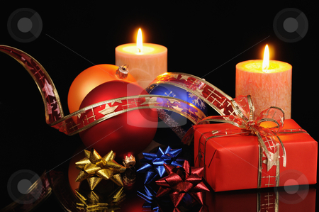 Christmas decorations Christmas decorations stock photo, Christmas decoration with candles on a black background by Salauyou Yury