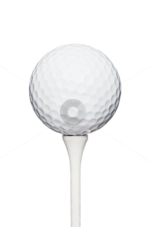 Golf ball on a tee Golf ball on a tee stock photo, Professional golf ball on a wooden tee, against white background by Nikola Spasenoski