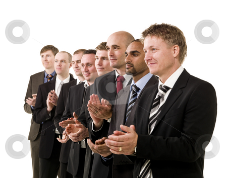 To use this stock image in your creative project, please select the size you need over to the right and click the "Add to Cart" button.
Your downloaded image will come with the Cutcaster watermark removed so don’t worry about the watermark you see on this page. Business men clapping hands stock photo, Business men in a row clapping their hands by Anne-Louise Quarfoth