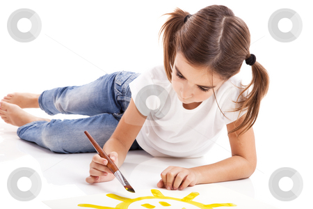 To use this stock image in your creative project, please select the size you need over to the right and click the "Add to Cart" button.
Your downloaded image will come with the Cutcaster watermark removed so don’t worry about the watermark you see on this page. Painting a happy sun stock photo, Girl lying on floor and painting a happy sun by ikostudio