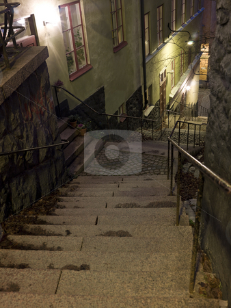 Alley with stairs at night Alley with stairs at night stock photo, Alley with stairs at night in a city by Anne-Louise Quarfoth