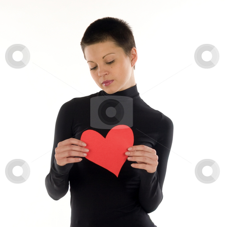 Girl with red heart Girl with red heart stock photo, A short hair slim brunette in black dress holds a red paper heart by Nadezhda Shour