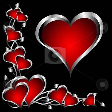 To use this stock image in your creative project, please select the size you need over to the right and click the "Add to Cart" button.
Your downloaded image will come with the Cutcaster watermark removed so don’t worry about the watermark you see on this page. A red and silver hearts Valentines Day Background stock vector clipart, A red hearts Valentines Day Background with silver hearts and flowers on a black background by Mike Price