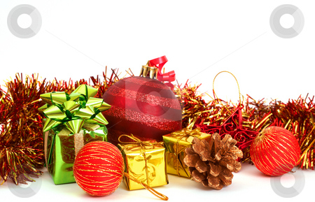 Red Christmas baubles and other decorations Red Christmas baubles and other decorations stock photo, Red Christmas baubles and other decorations on white background with copy space. by Elena Weber (nee Talberg)