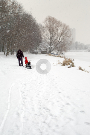 To use this stock image in your creative project, please select the size you need over to the right and click the "Add to Cart" button.
Your downloaded image will come with the Cutcaster watermark removed so don’t worry about the watermark you see on this page. Winter walk stock photo, Father and kinder walking in the park in winter by Vladimir Blinov
