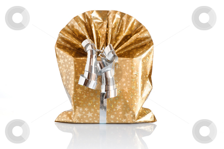 Gift box Gift box stock photo, Golden gift box with silver ribbon isolated on white background with clipping path by ANTONIO SCARPI