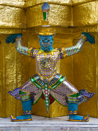 To use this stock image in your creative project, please select the size you need over to the right and click the "Add to Cart" button.
Your downloaded image will come with the Cutcaster watermark removed so don’t worry about the watermark you see on this page. Guardians Surrounding Temple in Bangkok - Wat Pho, Thailand stock photo, The Statues of Colorful demon-guardians (Giant) protected golden pagoda in The Emerald Buddha Temple (Wat Phra Kaeo) : Grand Palace , Bangkok , Thailand by foryouinf