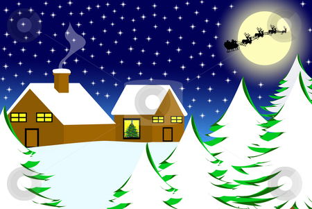 Christmas landscape Christmas landscape stock photo, Illustration of house in the snow and sled in the sky by Ioana Martalogu