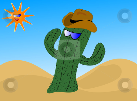 To use this stock image in your creative project, please select the size you need over to the right and click the "Add to Cart" button.
Your downloaded image will come with the Cutcaster watermark removed so don’t worry about the watermark you see on this page. A cartoon cactus wearing a cowboy hat stock vector clipart, A cartoon cactus wearing a cowboy hat with a laughing sun wearing sunglasses by Mike Price
