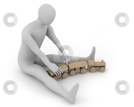3D white man plays with wooden train 3D white man plays with wooden train stock photo, 3D white man plays with wooden train, isolated on white by Zelfit