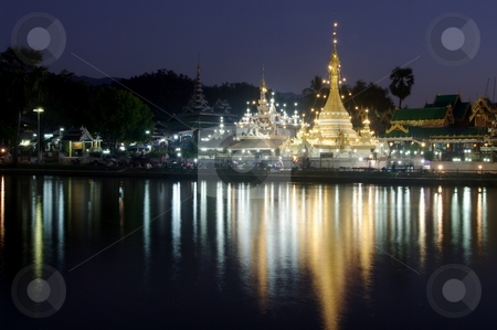 Mae Hong Son Mae Hong Son stock photo, Burmese Architectural Style of Wat Chong Klang (r) and Wat Chong Kham (l) at dusk. Mae Hong Son, Northern Thailand by Martin Darley