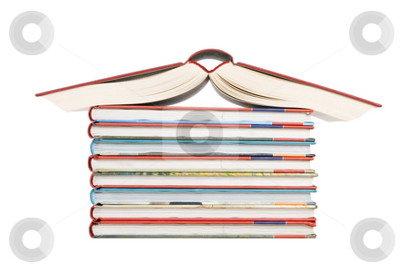 Color tower books arranged in house shape Color tower books arranged in house shape stock photo, Color tower books on white background arranged in house shape by Victor Oancea