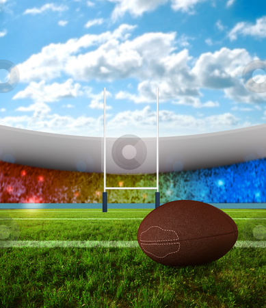 To use this stock image in your creative project, please select the size you need over to the right and click the "Add to Cart" button.
Your downloaded image will come with the Cutcaster watermark removed so don’t worry about the watermark you see on this page. Rugby penalty kick stock photo, Rugby ball on field with stadium of background by Giordano Aita