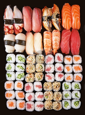 To use this stock image in your creative project, please select the size you need over to the right and click the "Add to Cart" button.
Your downloaded image will come with the Cutcaster watermark removed so don’t worry about the watermark you see on this page. Sushi stock photo, Set of Japanese sushi background by krasyuk