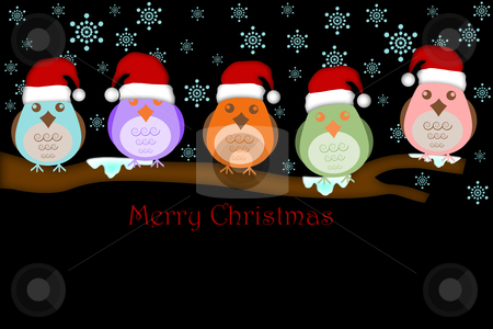 Five Birds with Santa Hat on Tree Branches Five Birds with Santa Hat on Tree Branches stock photo, Five Birds with Santas Hat on Tree Branches White Background Drawings by Thye Gn