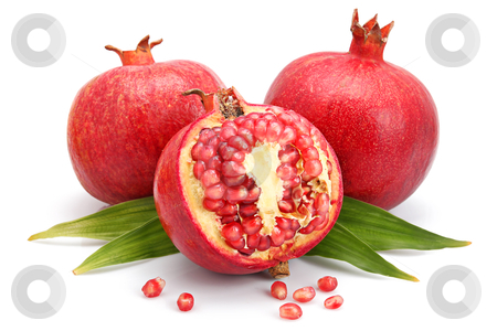 Pomegranate fruits with green leaf and cuts isolated Pomegranate fruits with green leaf and cuts isolated stock photo, Pomegranate fruits with green leaf and cuts isolated on white background by alphacell