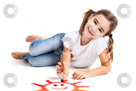 To use this stock image in your creative project, please select the size you need over to the right and click the "Add to Cart" button.
Your downloaded image will come with the Cutcaster watermark removed so don’t worry about the watermark you see on this page. Painting a happy sun stock photo, Girl lying on floor and painting a happy sun by ikostudio