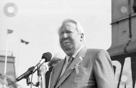 Rt.Hon. Edward Heath Rt.Hon. Edward Heath stock photo, Edward Heath, former Prime Minister of Britain and Conservative party Leader, speaks at a rally in support of Beirut hostage John McCarthy at Trafalgar Square in London on April 13, 1991. by newsfocus1
