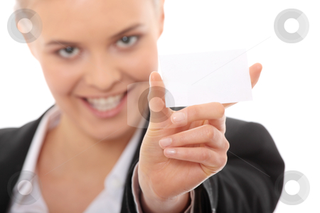To use this stock image in your creative project, please select the size you need over to the right and click the "Add to Cart" button.
Your downloaded image will come with the Cutcaster watermark removed so don’t worry about the watermark you see on this page. Business card stock photo, Young caucasian businesswoman with business card, isolated on white background. Focus on card by Piotr_Marcinski